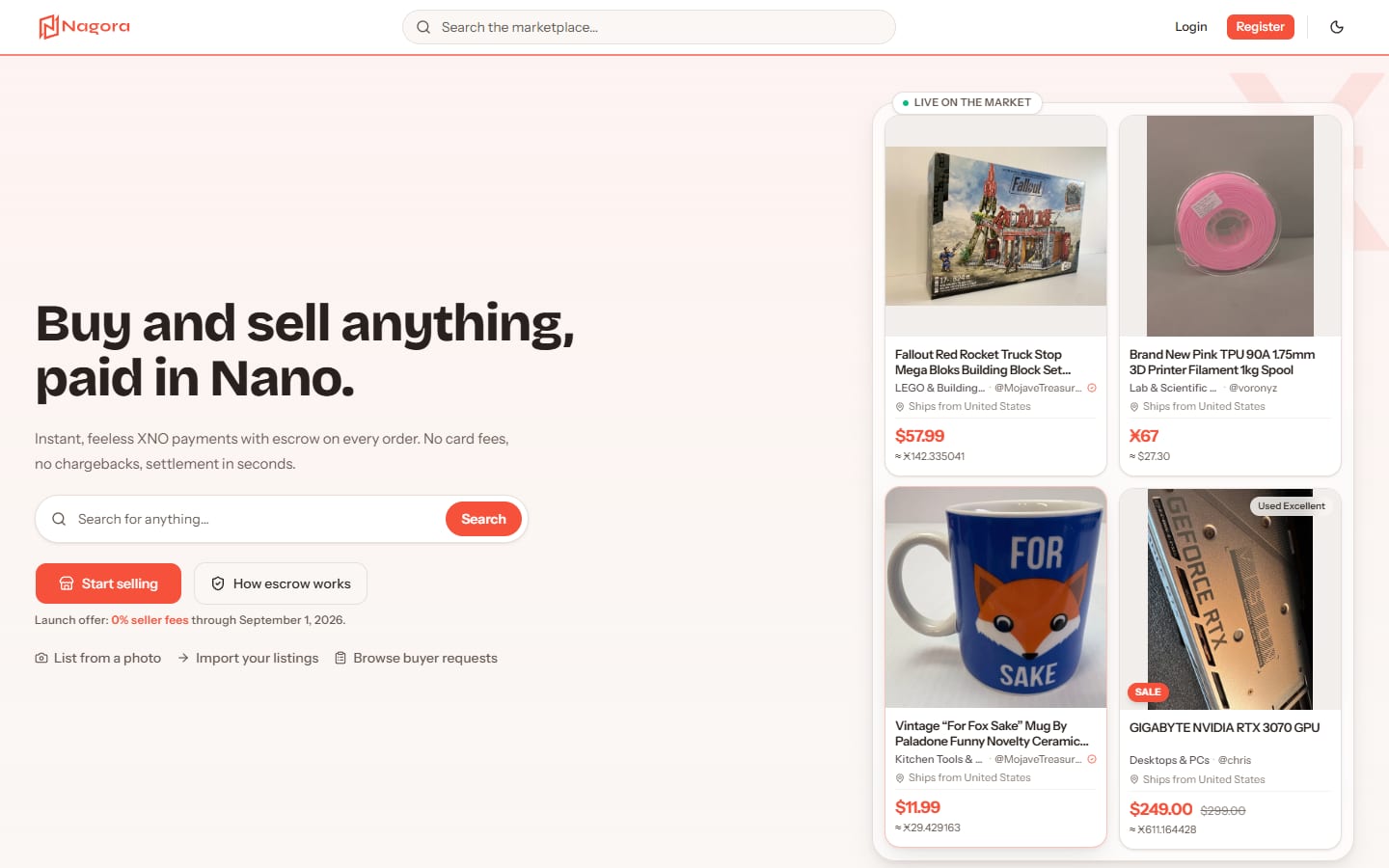 Nagora homepage with the search bar and the escrow pitch