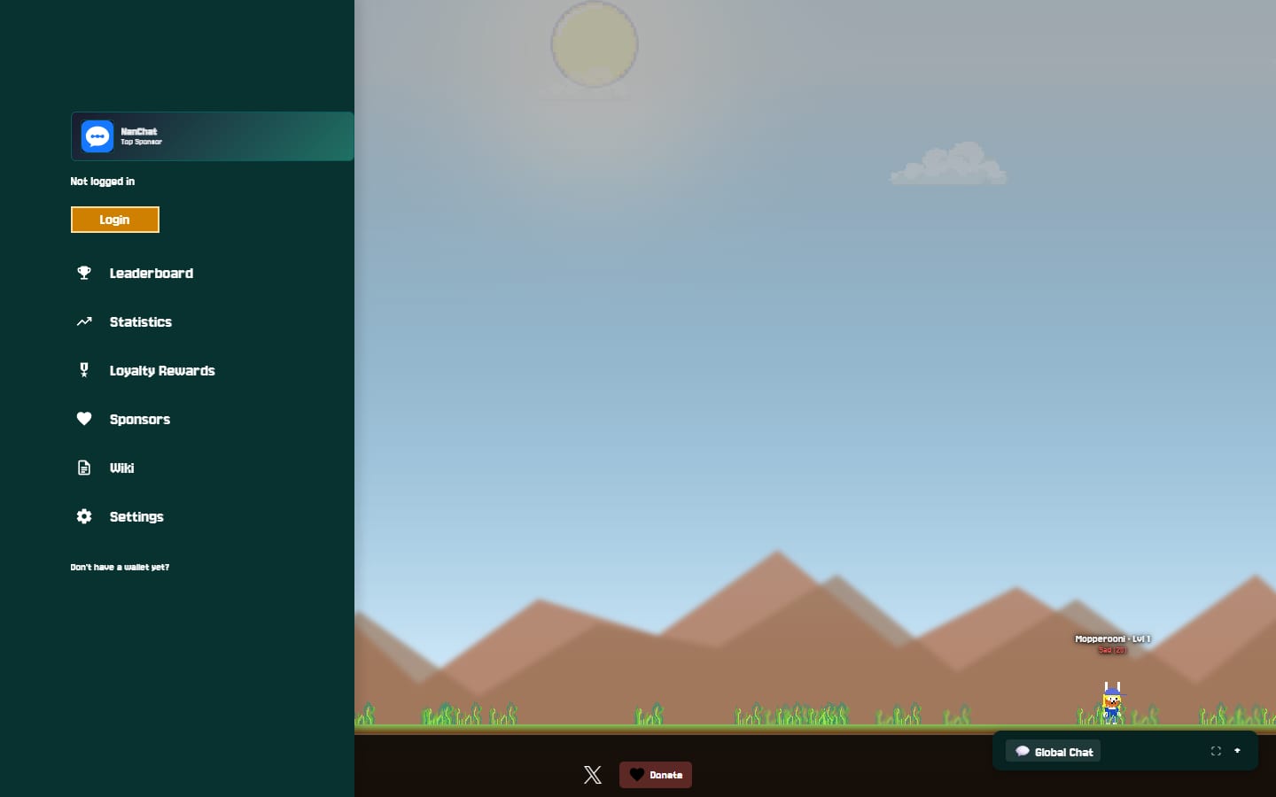 Nanogotchi homepage showing the pet view with a mood meter and the garden