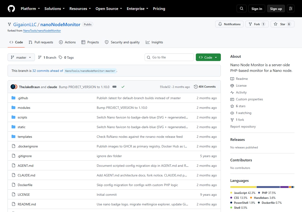 README of the GigaionLLC nanoNodeMonitor fork showing the project description, the AI-enhanced project note, and the theme previews