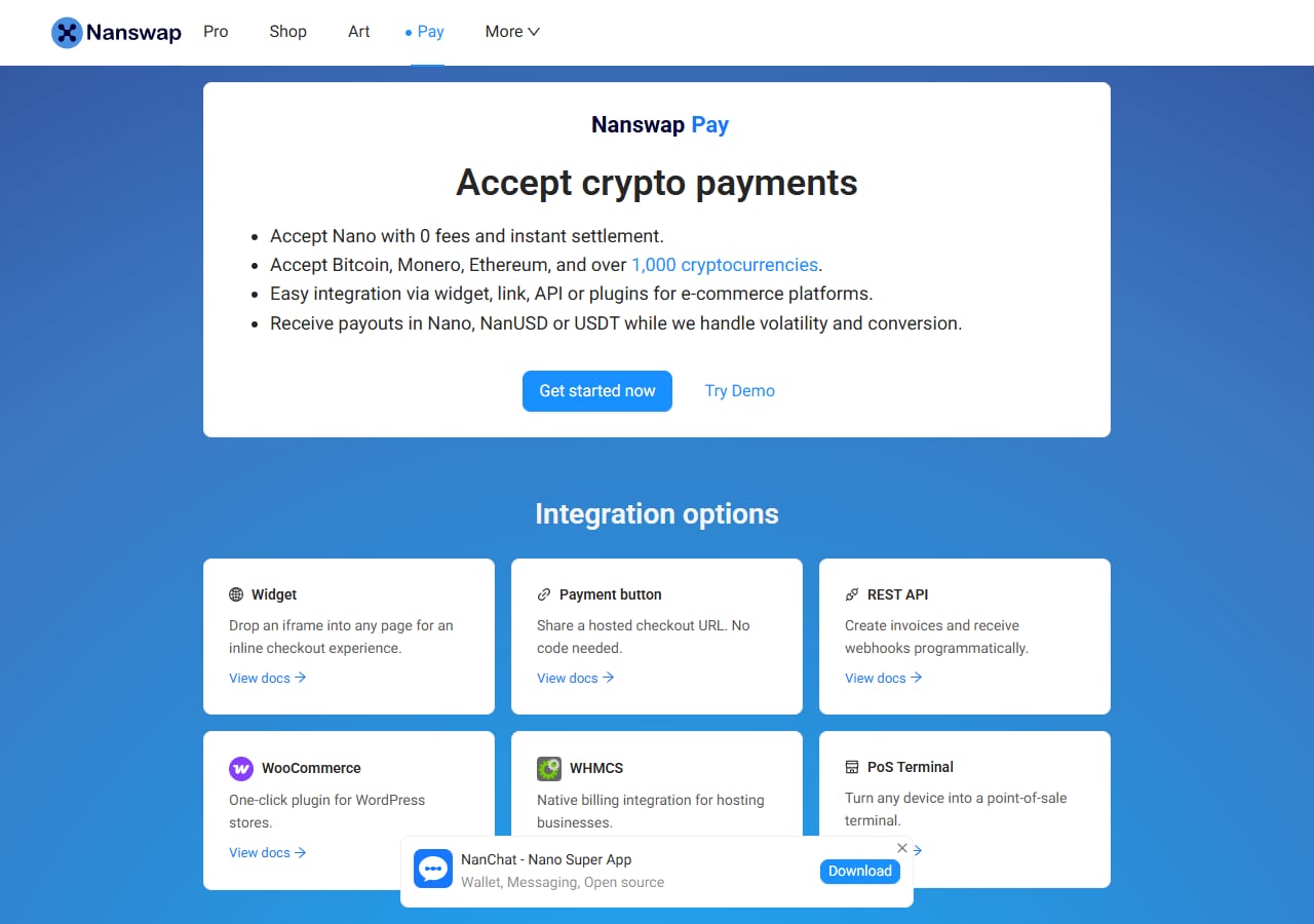 The Nanswap Pay landing page: a hero section promising zero fees, instant settlement, over 1,000 cryptocurrencies and payouts in Nano, NanUSD or USDT, followed by integration cards for the widget, payment button, REST API, WooCommerce, WHMCS and PoS terminal.