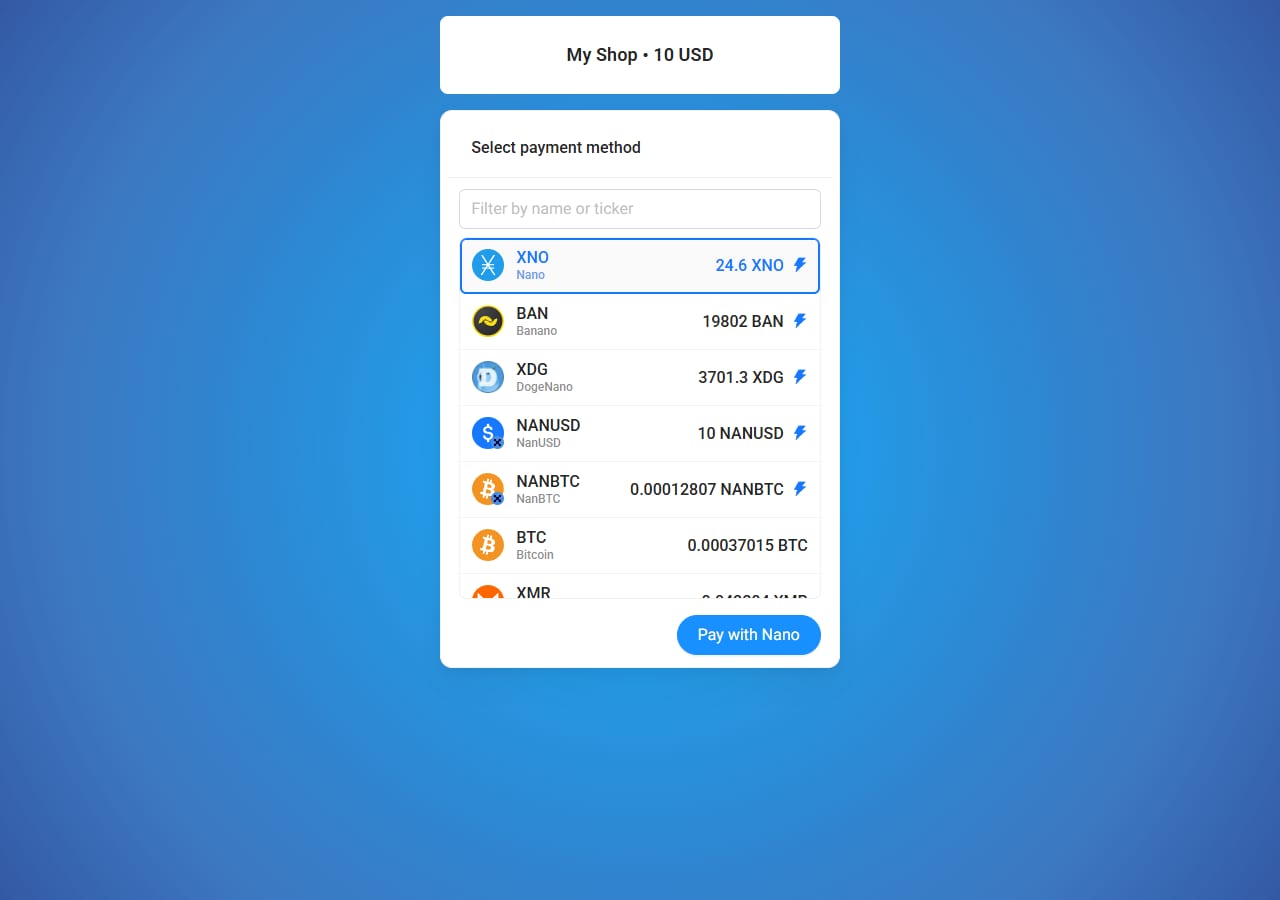 The hosted checkout demo for My Shop, a 10 USD invoice with a currency picker listing Nano (XNO, pre-selected), Banano, DogeNano, NanUSD, NanBTC, Bitcoin, Monero and Ethereum, plus a Pay with Nano button.