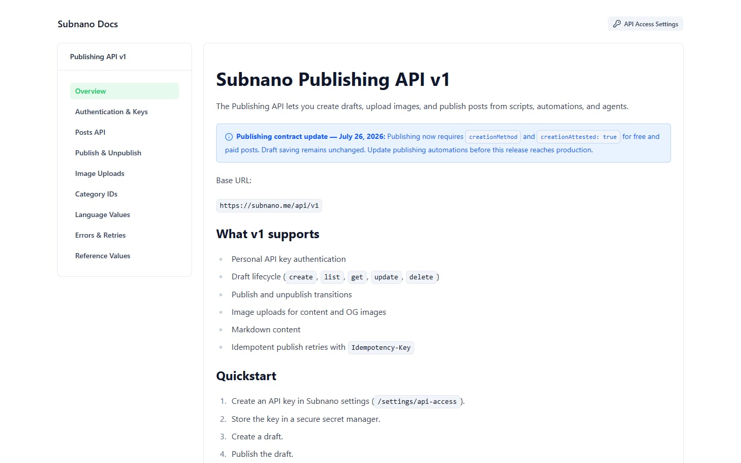 The Subnano Publishing API v1 overview page with the base URL and the supported endpoints list