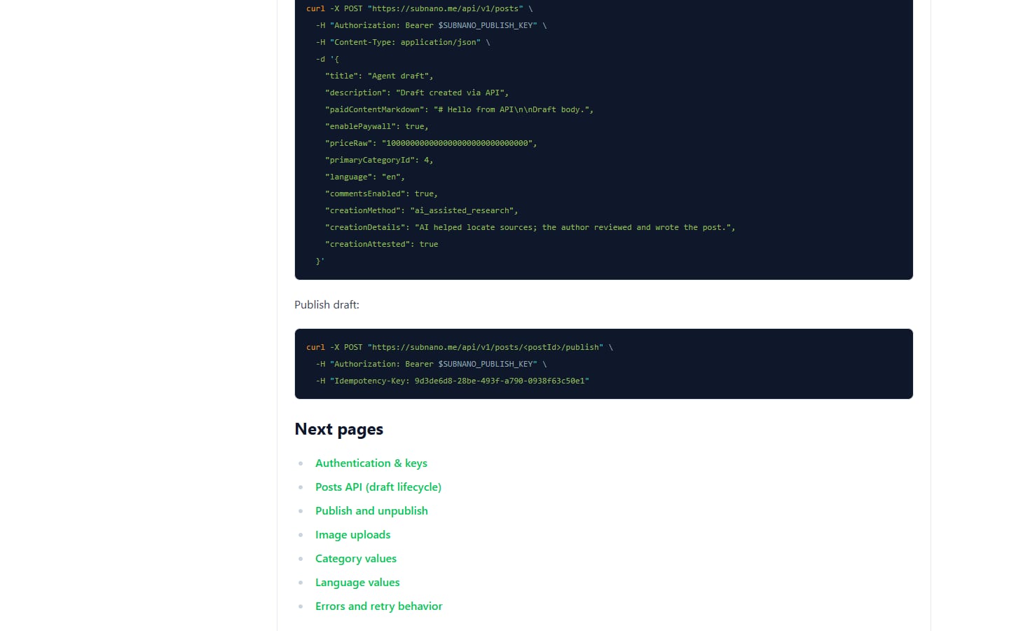 The create draft curl example as shown on the Subnano docs page