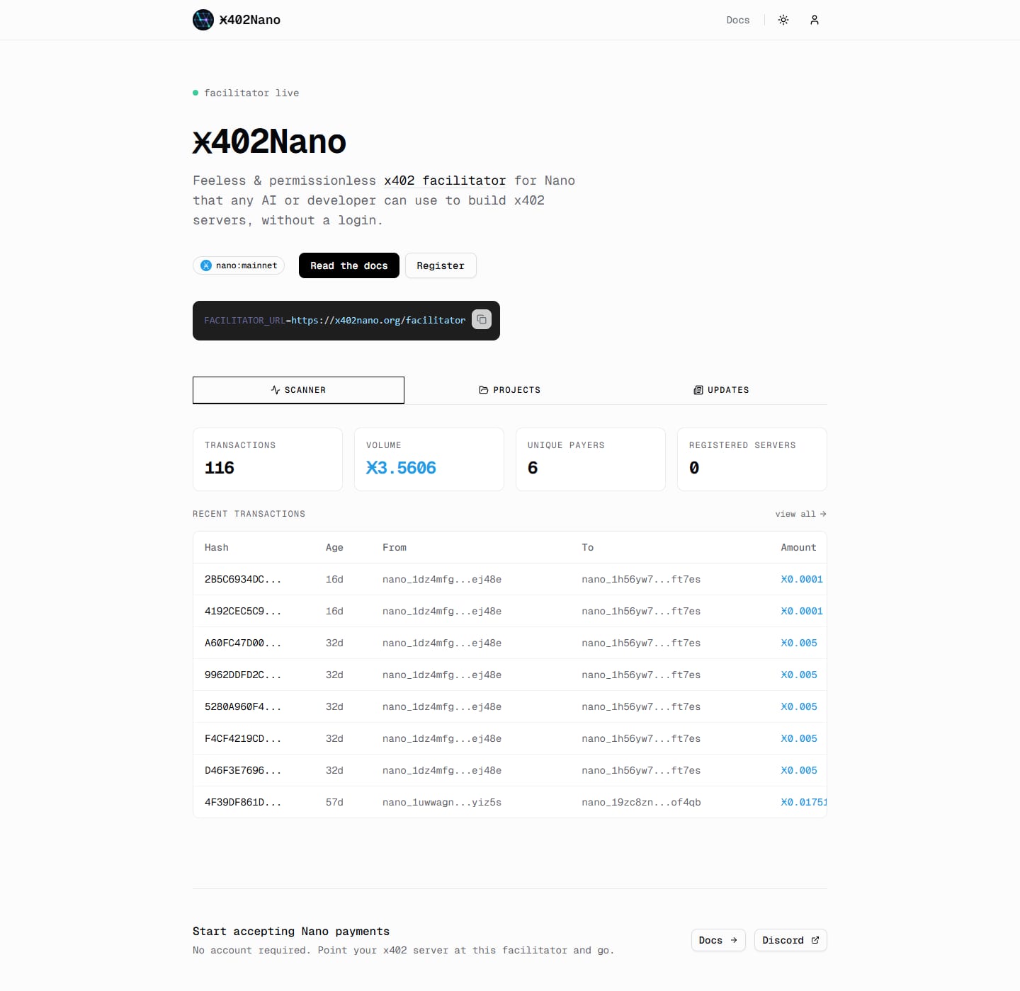 The Ӿ402Nano homepage: the 'facilitator live' banner, the hero explaining the feeless x402 facilitator for Nano, the FACILITATOR_URL snippet, the live stats row and the Recent Transactions table
