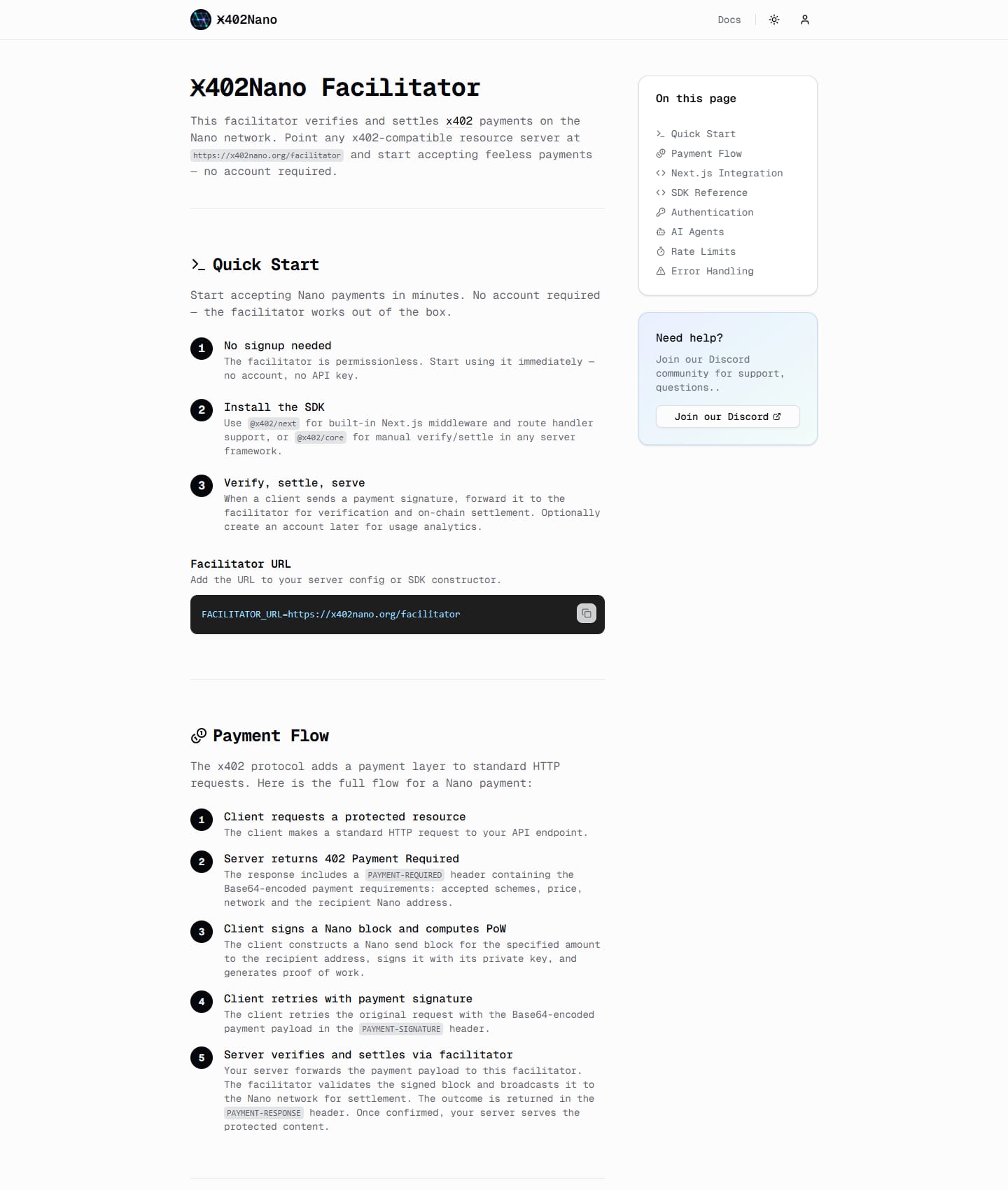 The Ӿ402Nano docs page showing the Quick Start section and the five-step Payment Flow from 402 Payment Required to facilitator settlement